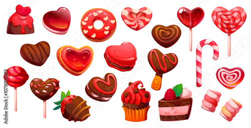 Valentine heart pink candy lollypop, sweets and confectionery. Valentines Day chocolate, muffins or cupcakes, marshmallow, donuts and cakes for romantic holiday celebration, dating and festive gifts