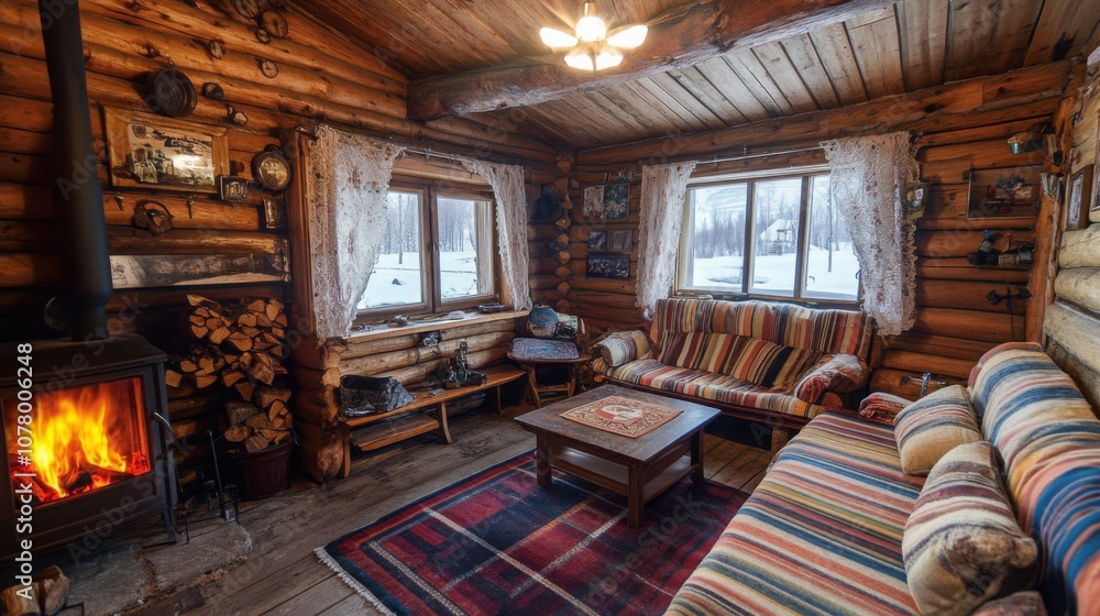 rustic Yakutian log cabin interior, fire crackling, traditional decor, sanctuary from harsh winter rustic Yakutian log cabin interior, fire crackling, traditional decor, sanctuary from harsh winter