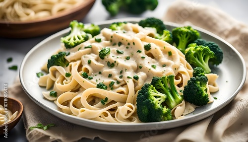 Vegan Alfredo Pasta with Creamy cashew-based Alfredo sauce tossed with fettuccine and steamed broccoli. 