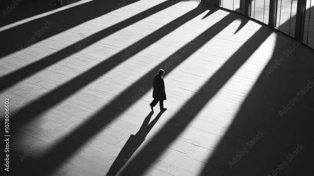 solitary figure walks through space filled with long shadows, evoking feelings of isolation and introspection. contrast of light and dark enhances emotional depth solitary figure walks through space filled with long shadows, evoking feelings of isolation and introspection. contrast of light and dark enhances emotional depth