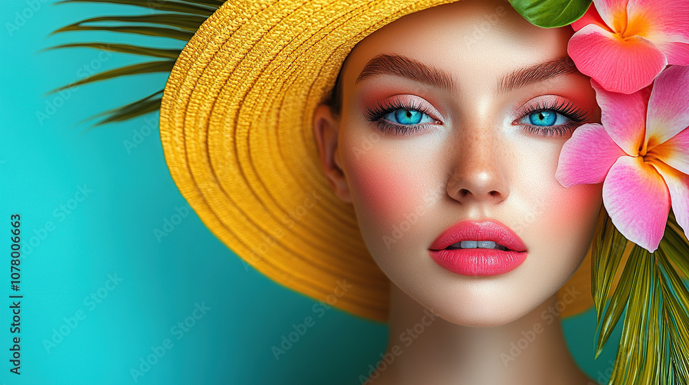 A beautiful woman with colorful makeup, pink lips, and blue eyes, wearing a yellow hat decorated with tropical flowers and palm leaves A beautiful woman with colorful makeup, pink lips, and blue eyes, wearing a yellow hat decorated with tropical flowers and palm leaves