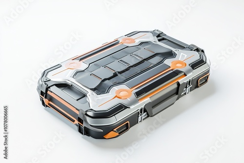 Rugged high-tech suitcase with orange accents photo