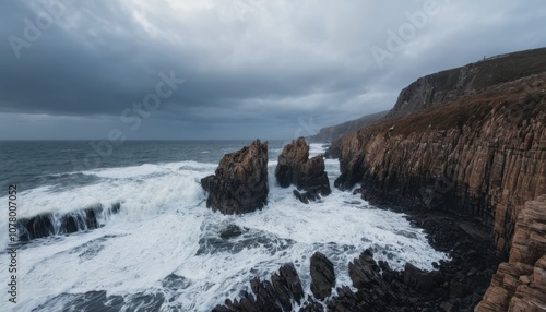 rocky cliffs with waves crashing against the shore, dramatic and intense