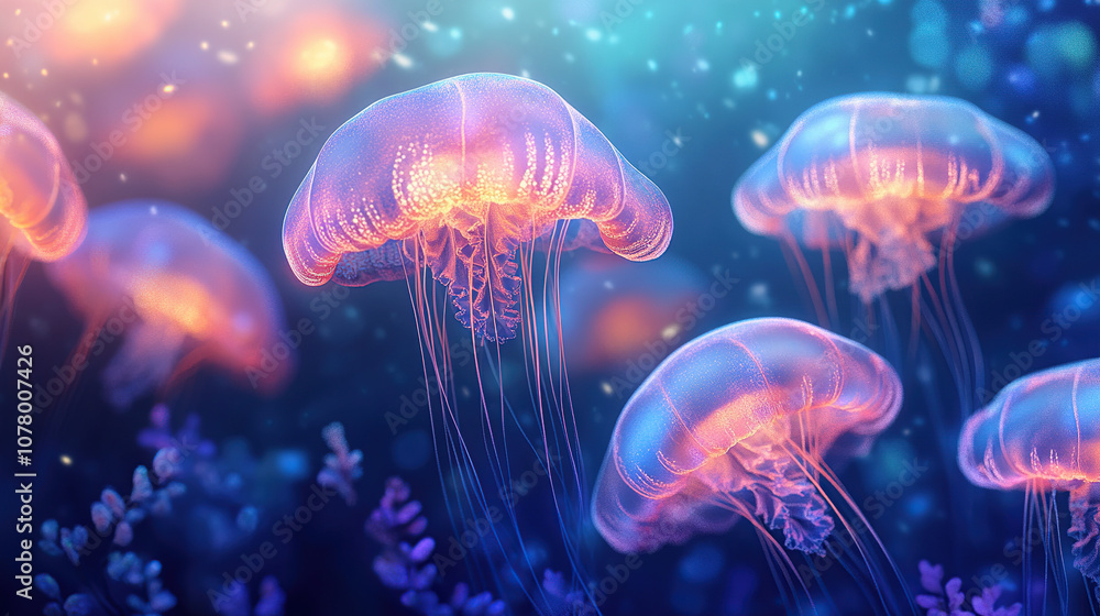 3D render of glowing jellyfish in the dark sea, with glowing lights 3D render of glowing jellyfish in the dark sea, with glowing lights