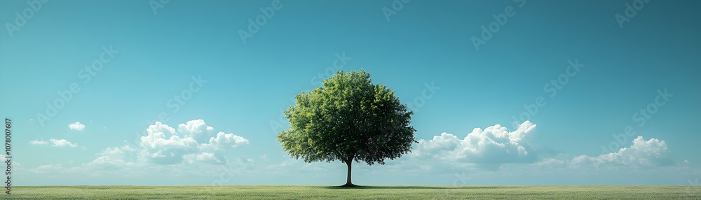 A Single Tree Stands Tall in a Field with a Blue Sky and White Clouds Above A Single Tree Stands Tall in a Field with a Blue Sky and White Clouds Above