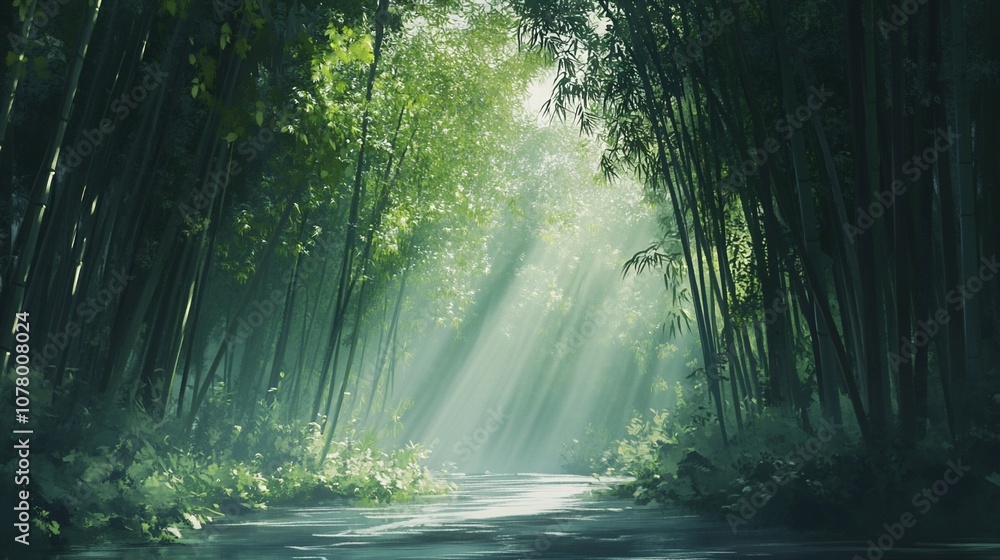 Obraz premium Sunlight streams through dense bamboo forest, creating a mystical pathway.