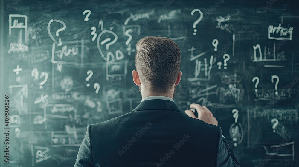 A businessman stands in front of a chalkboard covered in handwritten equations and question marks. The image evokes a sense of problem-solving and strategic thinking. A businessman stands in front of a chalkboard covered in handwritten equations and question marks. The image evokes a sense of problem-solving and strategic thinking.