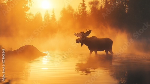 A majestic moose silhouette stands in a misty river at sunrise, its antlers reaching towards the golden sky. photo