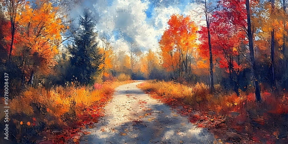 A Painting of a Path Through an Autumn Forest, with Vivid Red, Orange, and Yellow Leaves on the Trees and Ground A Painting of a Path Through an Autumn Forest, with Vivid Red, Orange, and Yellow Leaves on the Trees and Ground