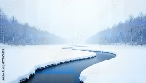 Serene winter landscape with a curving river and snow-covered banks in a foggy atmosphere 