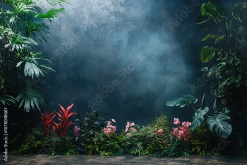 Wallpaper Mural Dark green jungle background with a row of pink and red flowers. Torontodigital.ca