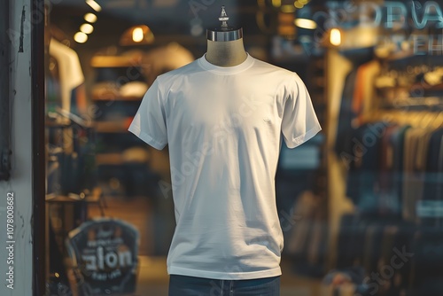 Natural setting T-shirt mockup on mannequin highlighting modern style and casual appeal.