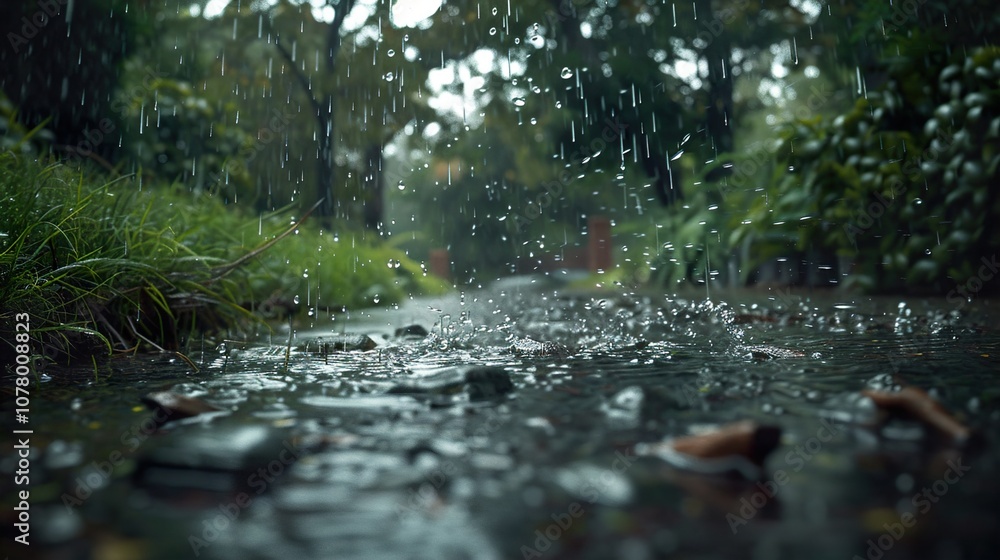 Fototapeta premium Rain Drops Falling on Wet Pavement, Close Up View