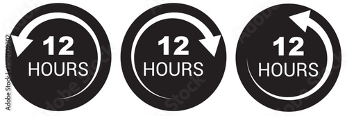 12 hours service vector symbol. 12h service duration sign. 12 h discount offer icon set. Fast 12hr support sign collection. Vector illustration.
