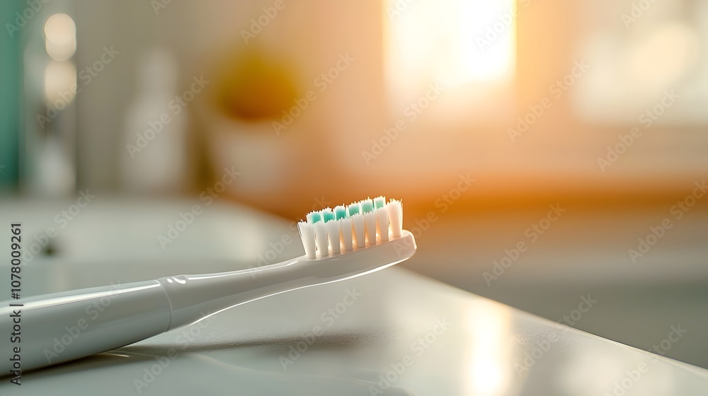 Modern Electric Toothbrush on Serene Bathroom Counter - Soft Vibrations and Morning Light Create a Tranquil Dental Care Scene Modern Electric Toothbrush on Serene Bathroom Counter - Soft Vibrations and Morning Light Create a Tranquil Dental Care Scene