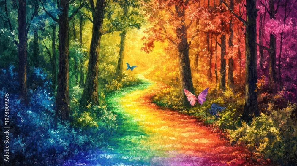 A winding path through a vibrant forest, showcasing all the colors of the rainbow. Two butterflies flutter above the path, adding a touch of magic to the scene. A winding path through a vibrant forest, showcasing all the colors of the rainbow. Two butterflies flutter above the path, adding a touch of magic to the scene.