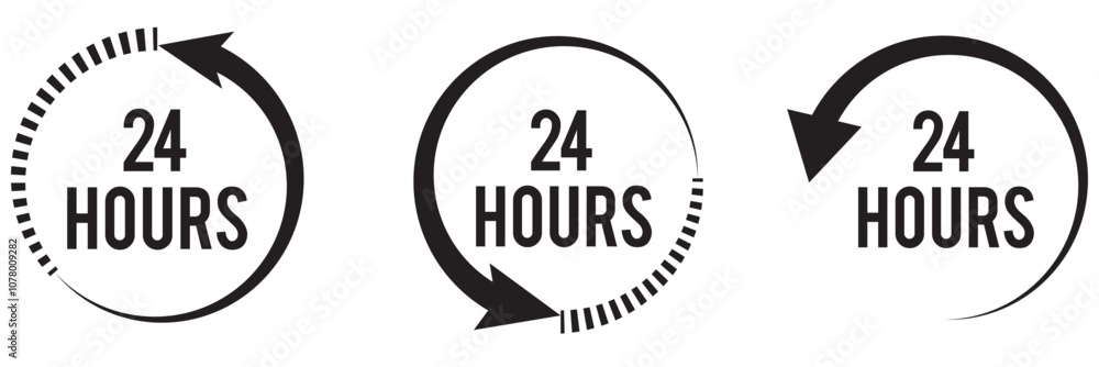 Fototapeta premium black 24 hours service vector symbol set illustration, fast 24 hours support sign collection