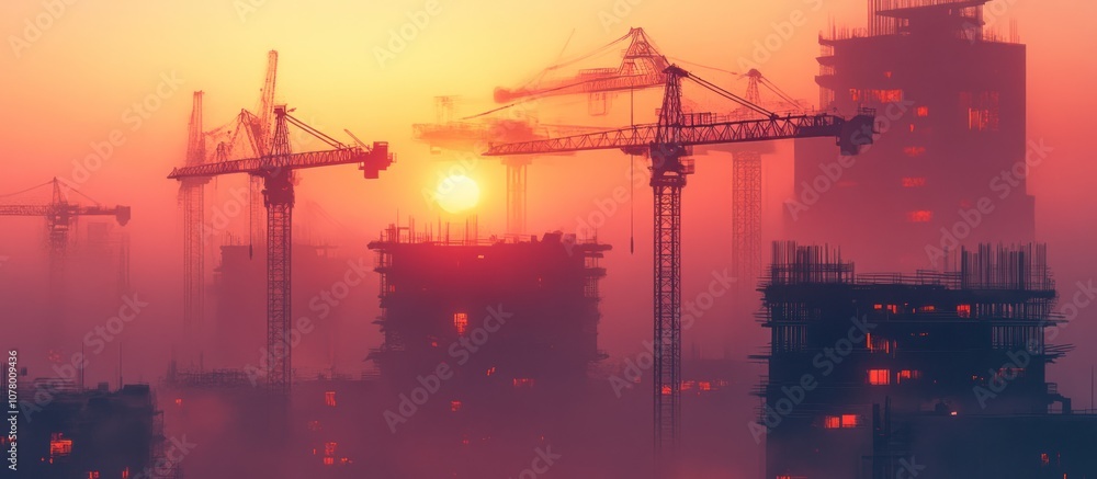 Fototapeta premium Silhouettes of construction cranes against a hazy sunrise sky with buildings under construction.