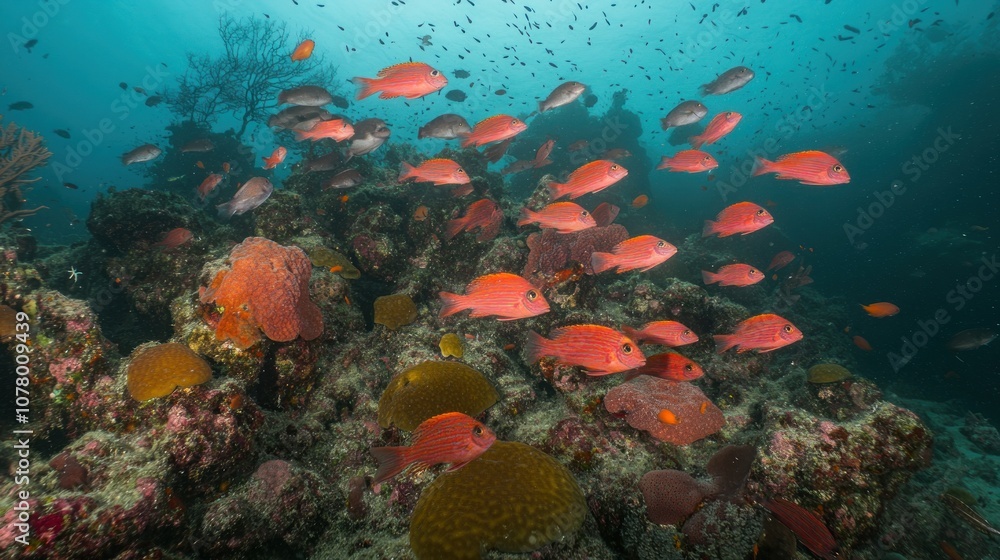 Naklejka premium A school of bright red fish swim over a colorful coral reef.