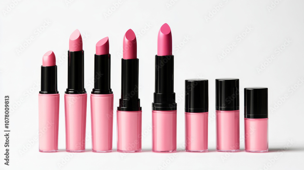 Pink lipstick tubes in a row. Pink lipstick tubes in a row.
