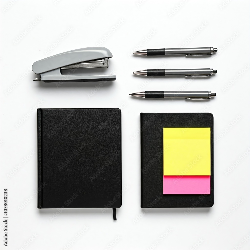 black and white office supplies with pens and notepad and stapler and sticky notes on white background black and white office supplies with pens and notepad and stapler and sticky notes on white background