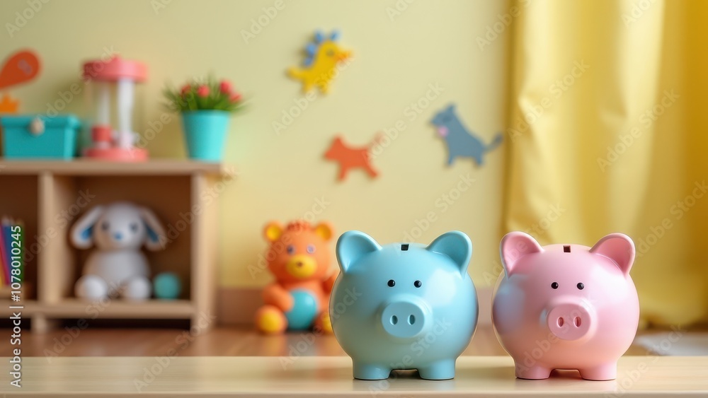 Piggy bank for children's savings themes. Two piggy banks, one blue and one pink, sit on a table in a colorful playroom filled with toys and cheerful wall decorations. Piggy bank for children's savings themes. Two piggy banks, one blue and one pink, sit on a table in a colorful playroom filled with toys and cheerful wall decorations.