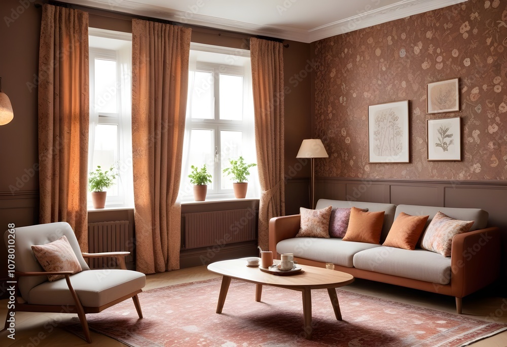 Scandinavian living room interior design zoom background,Doodle patterned wallpaper graphics Scandinavian living room interior design zoom background,Doodle patterned wallpaper graphics