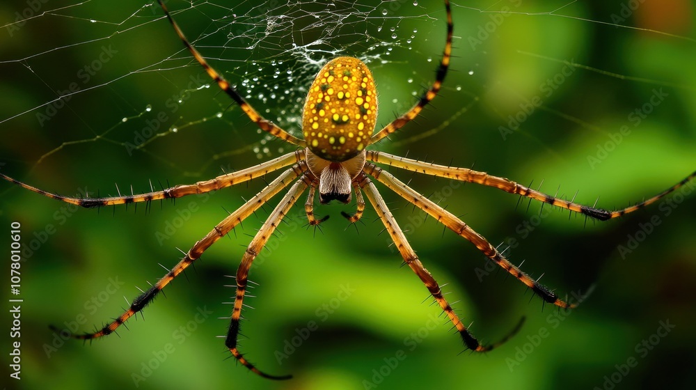 A yellow and brown spider with a spotted abdomen hangs on its web. A yellow and brown spider with a spotted abdomen hangs on its web.