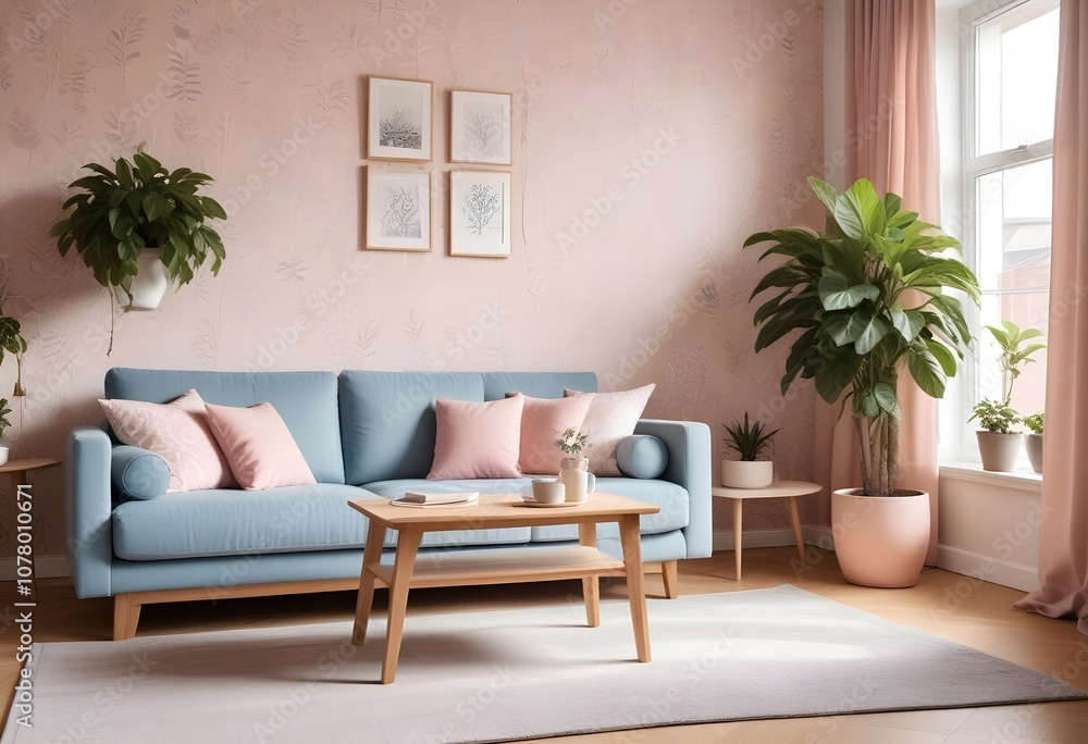 Scandinavian living room interior design zoom background,Doodle patterned wallpaper graphics Scandinavian living room interior design zoom background,Doodle patterned wallpaper graphics