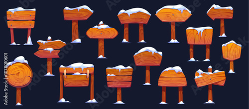 Winter Christmas wooden sign boards with snow. Cartoon vector set of wood signboards covered with snow, round and rectangular billboards, direction arrows, road signages, frames and banners on poles