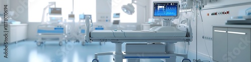 Modern hospital room with advanced medical equipment and empty b