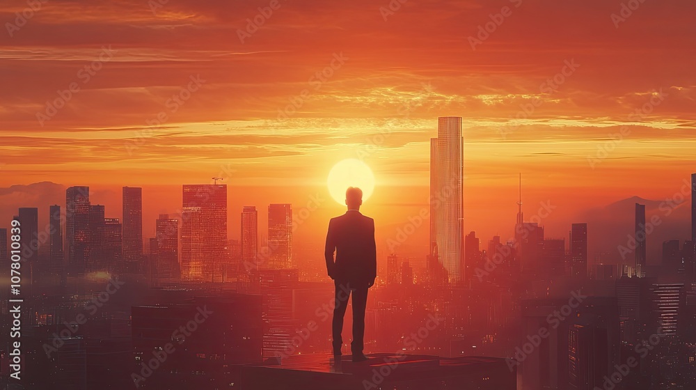 Silhouette of a man standing on a rooftop overlooking a city skyline as the sun sets in the distance.