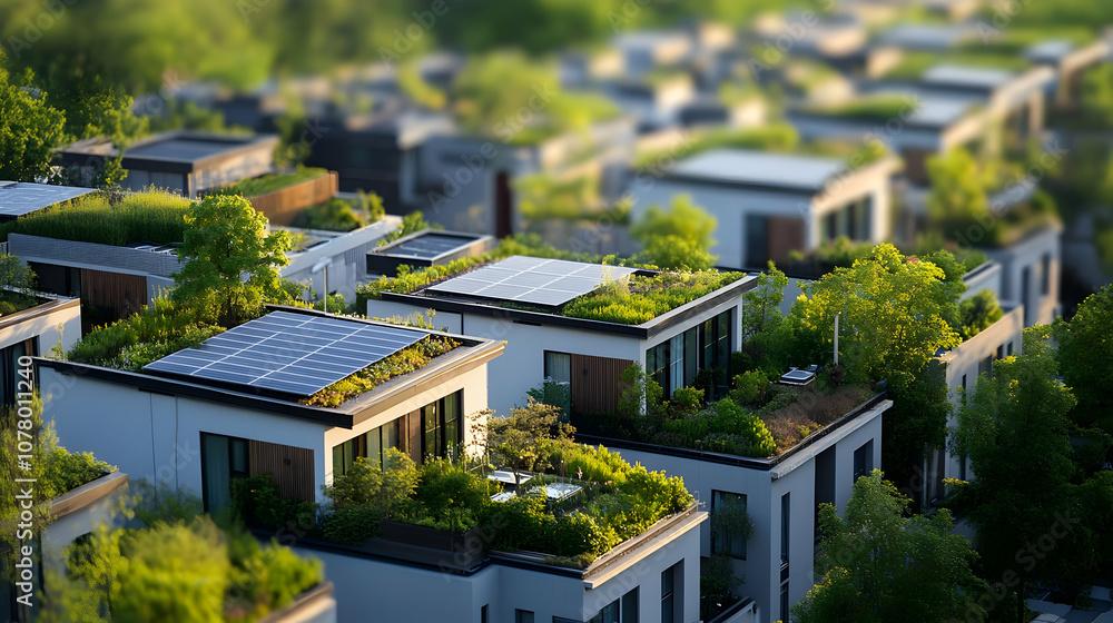 Green Roofs. A neighborhood with green rooftops and solar panels. Sustainable energy. Eco friendly concept background. Green Roofs. A neighborhood with green rooftops and solar panels. Sustainable energy. Eco friendly concept background.