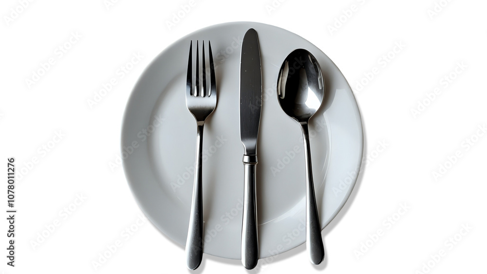 Without background White ceramic plate with stainless steel fork, knife, and spoon for dining setup concept Without background White ceramic plate with stainless steel fork, knife, and spoon for dining setup concept