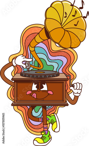 Cartoon groovy gramophone musical instrument character with smiling face and colorful swirling music notes. Vector retro device evokes a sense of nostalgia and fun, reflecting vintage music culture