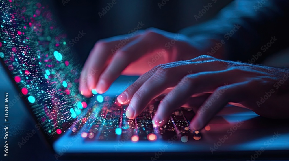 Close-up of hands typing on a laptop keyboard with a colorful glowing screen. Close-up of hands typing on a laptop keyboard with a colorful glowing screen.