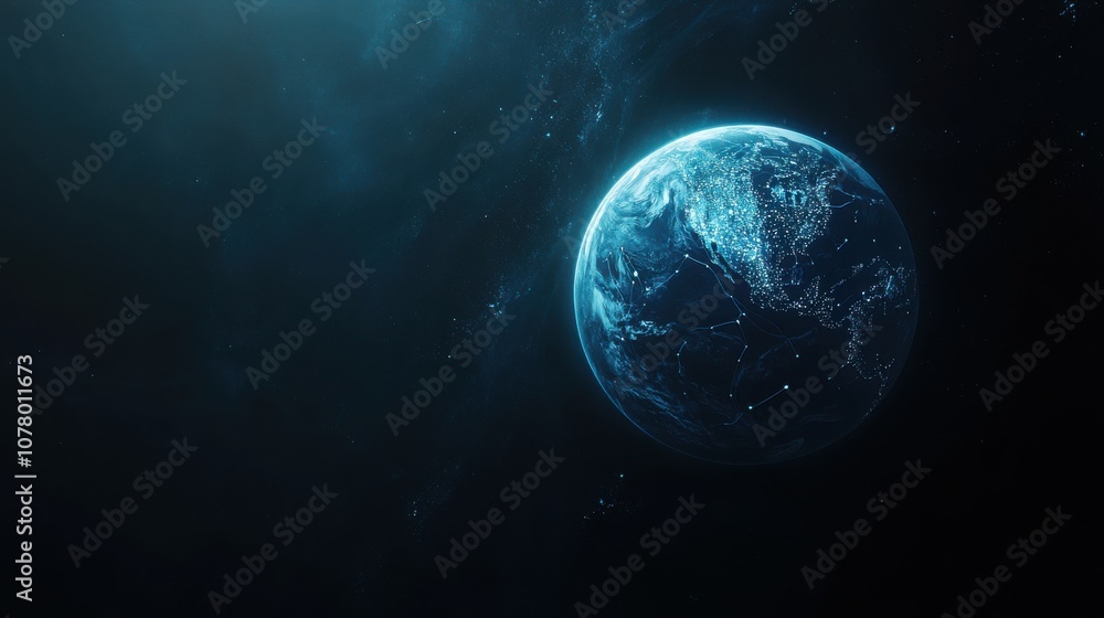 Blue Glowing Planet Earth with Map Lines on Dark Background Blue Glowing Planet Earth with Map Lines on Dark Background