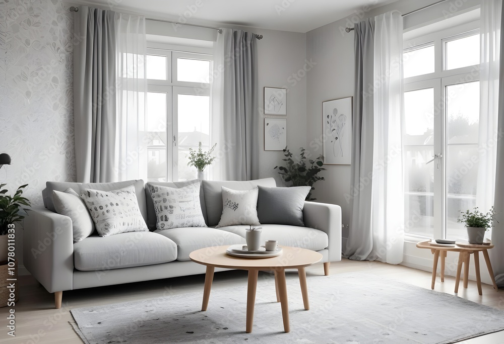 Scandinavian living room interior design zoom background,Doodle patterned wallpaper graphics Scandinavian living room interior design zoom background,Doodle patterned wallpaper graphics