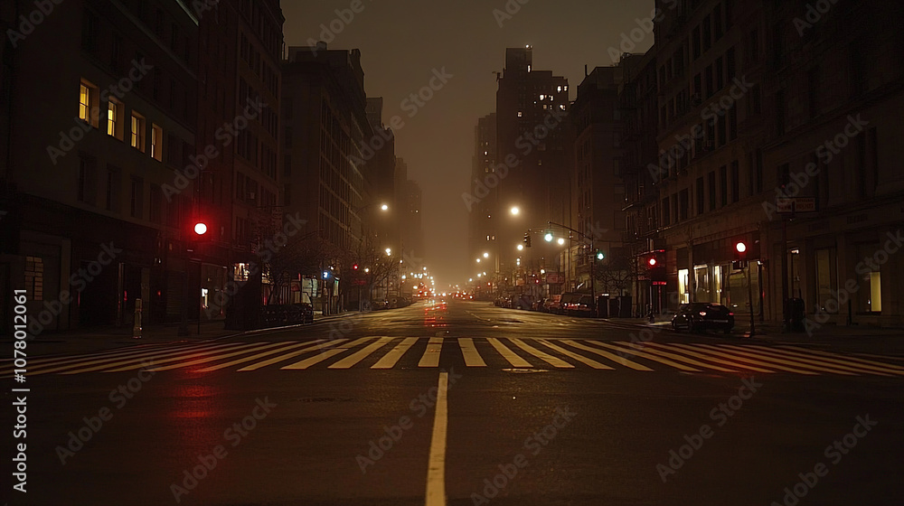 Fototapeta premium Dark, empty city streets at night with a faint glow of distant city lights barely visible through thick fog, capturing the eerie atmosphere of a sudden power outage in a bustling metropolis.