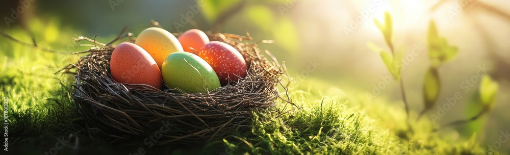 Colorful Easter Eggs in Nest on Green Grass Colorful Easter Eggs in Nest on Green Grass