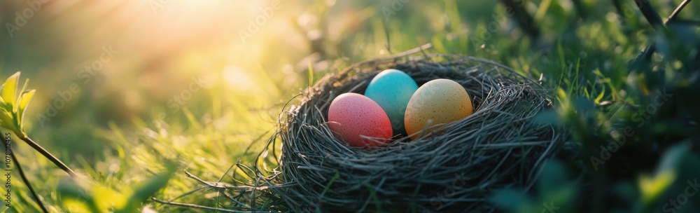Colorful Easter Eggs in a Nest on Green Meadow Colorful Easter Eggs in a Nest on Green Meadow