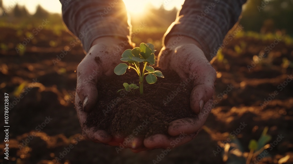 Fototapeta premium Farmer s Hands Cradling Sprouting Seedling in Rich Organic Soil at Sunrise on Sustainable Farm