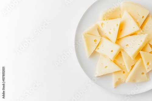 various types of solid french cheese parmesan brie and edam on white platter isolated on white background