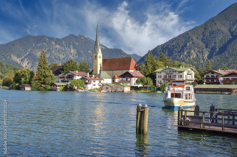 Tourist Boat at Jetty in Village of Rottach-Egern at Lake Tegern Tourist Boat at Jetty in Village of Rottach-Egern at Lake Tegern