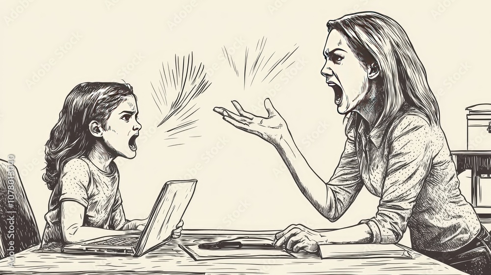 A mother and daughter are having a heated argument. The mother is gesturing wildly while the daughter sits with her computer. A mother and daughter are having a heated argument. The mother is gesturing wildly while the daughter sits with her computer.