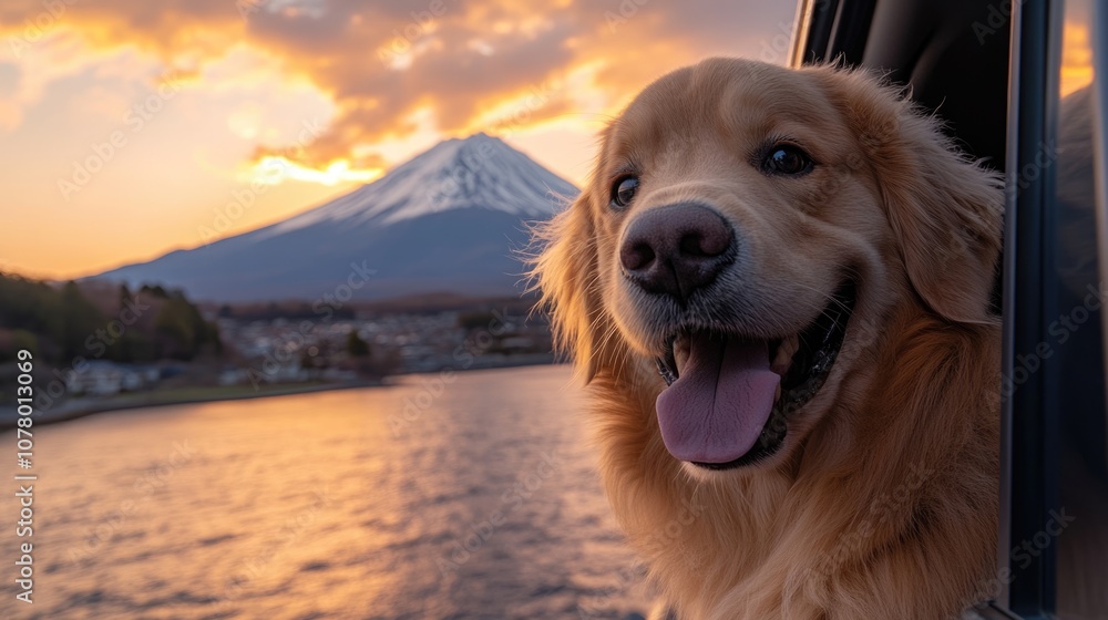 A golden retriever dog at window of the car on summer holiday road trip to Fuji mountain, Japan. A golden retriever dog at window of the car on summer holiday road trip to Fuji mountain, Japan.