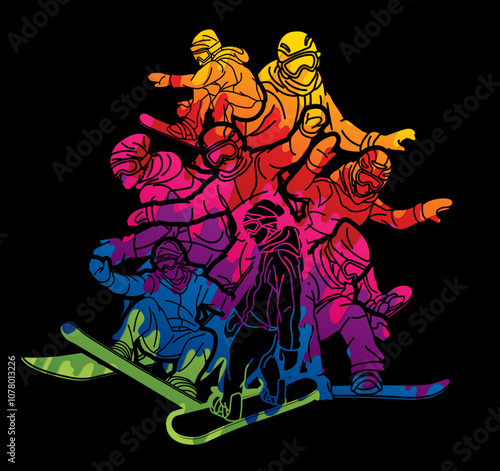 Extreme Sport Snowboard Players Snowboarder Mix Action Cartoon Graphic Vector