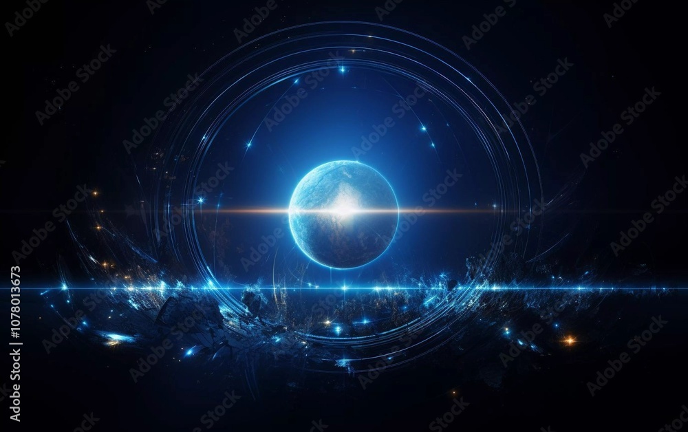 A glowing blue planet surrounded by light trails and cosmic elements, evoking a sense of wonder.
