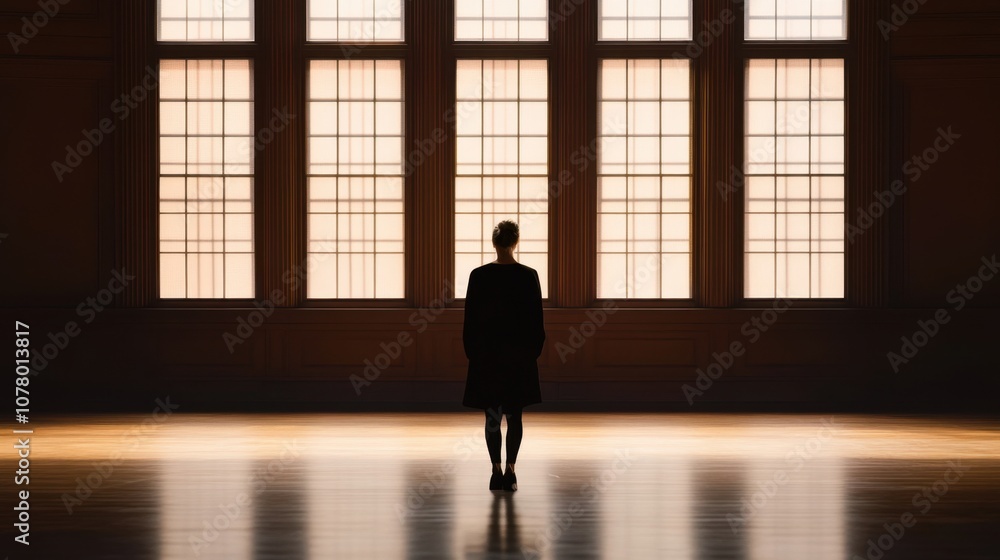 A silhouetted figure stands alone in a spacious room, illuminated by large windows, conveying a sense of solitude and contemplation. A silhouetted figure stands alone in a spacious room, illuminated by large windows, conveying a sense of solitude and contemplation.