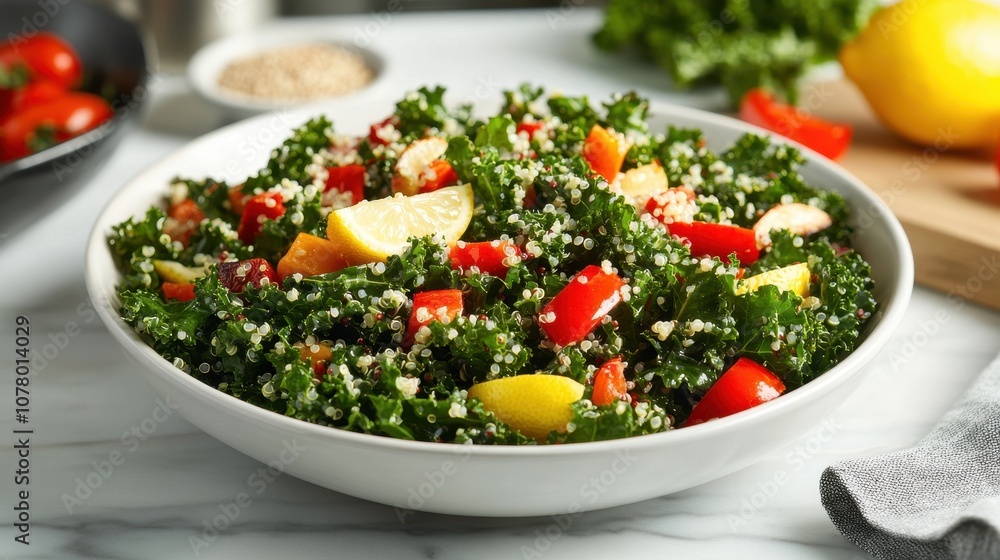 Enjoy a vibrant kale salad with quinoa, roasted veggies, and a tangy lemon vinaigrette Enjoy a vibrant kale salad with quinoa, roasted veggies, and a tangy lemon vinaigrette